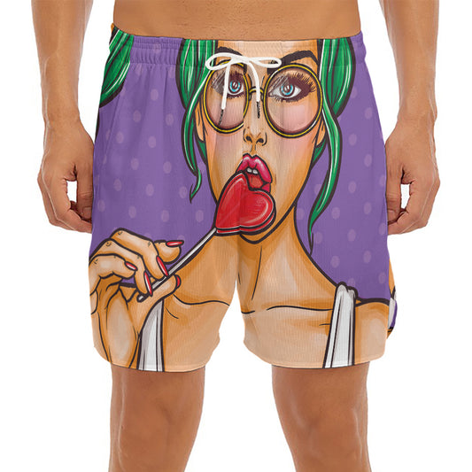 Punk Girl And Lollipop Print Men's Split Running Shorts