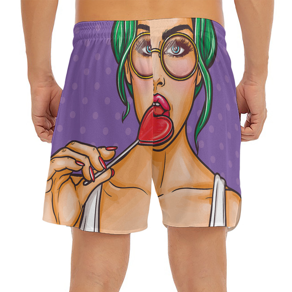 Punk Girl And Lollipop Print Men's Split Running Shorts