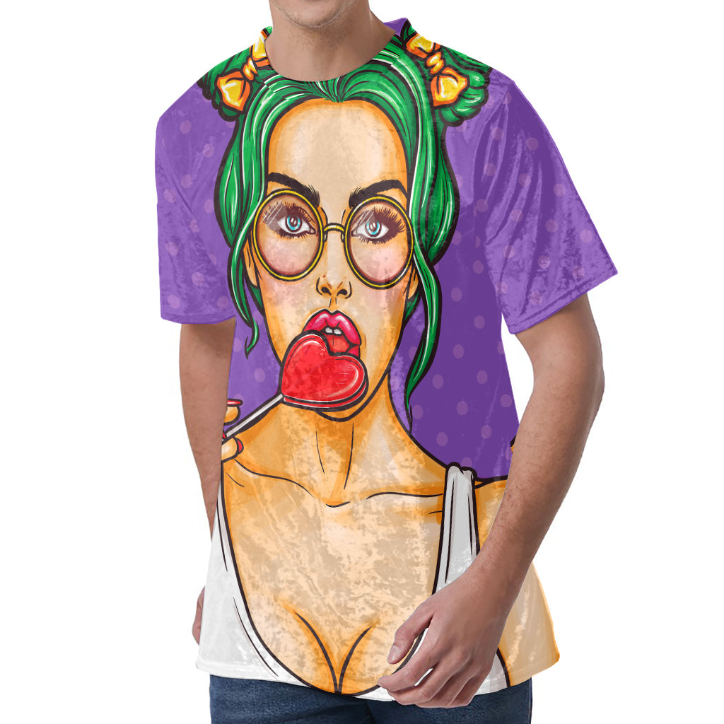 Punk Girl And Lollipop Print Men's Velvet T-Shirt
