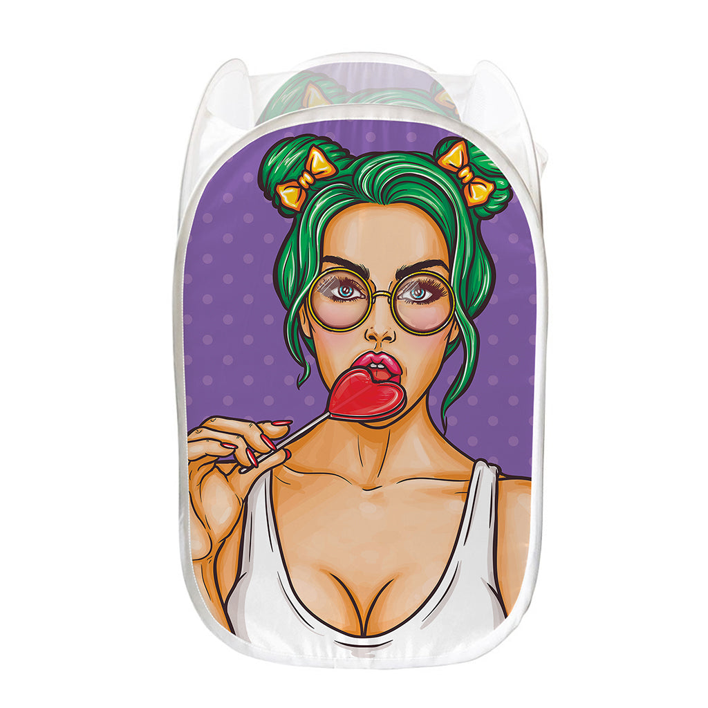 Punk Girl And Lollipop Print Mesh Laundry Hamper