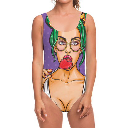 Punk Girl And Lollipop Print One Piece Swimsuit