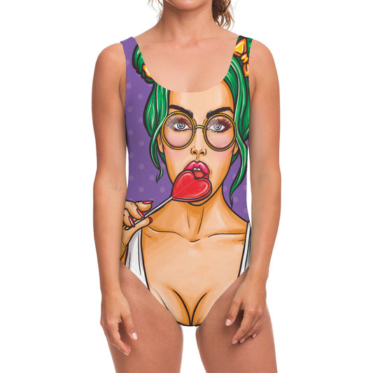 Punk Girl And Lollipop Print One Piece Swimsuit