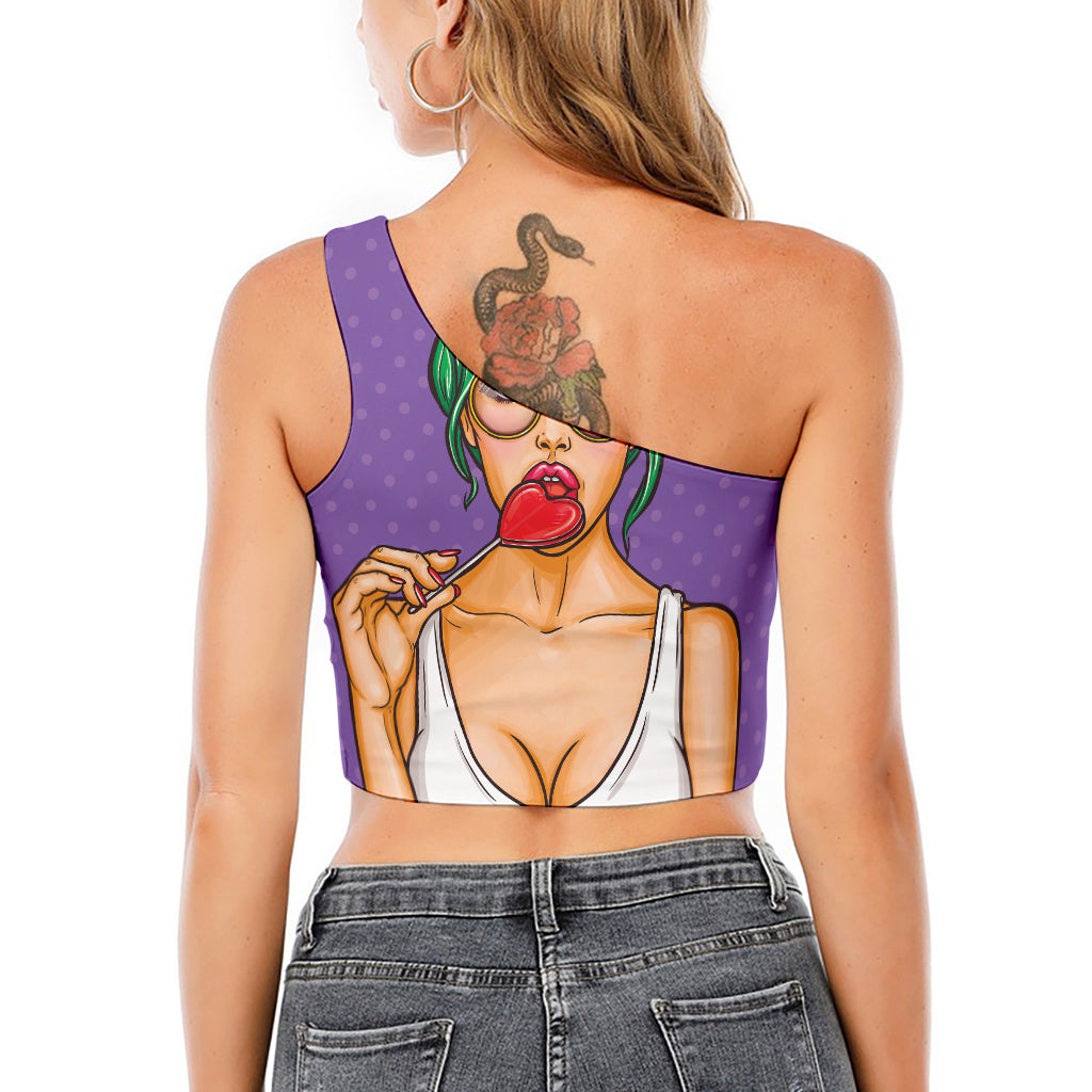 Punk Girl And Lollipop Print One Shoulder Crop Top