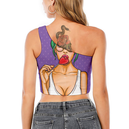 Punk Girl And Lollipop Print One Shoulder Crop Top