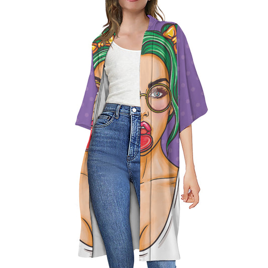 Punk Girl And Lollipop Print Open Front Beach Cover Up