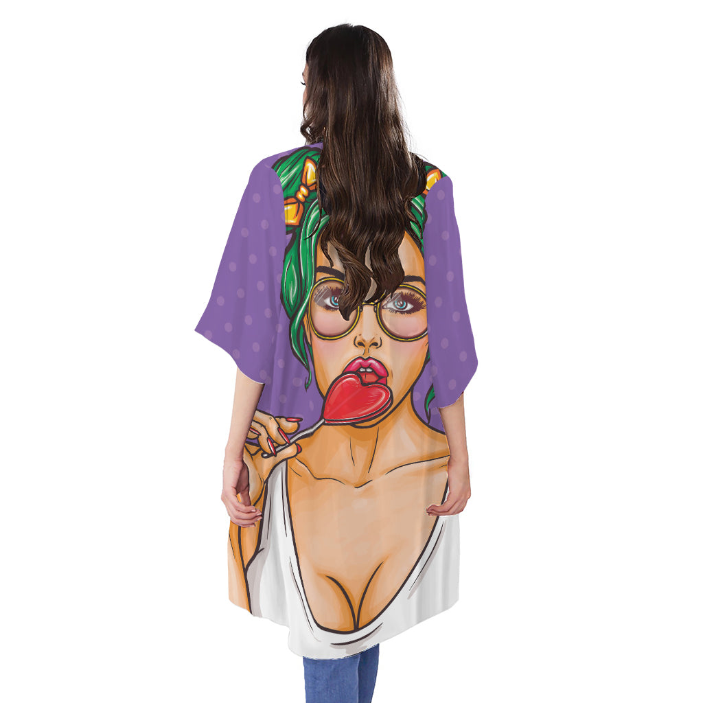 Punk Girl And Lollipop Print Open Front Beach Cover Up
