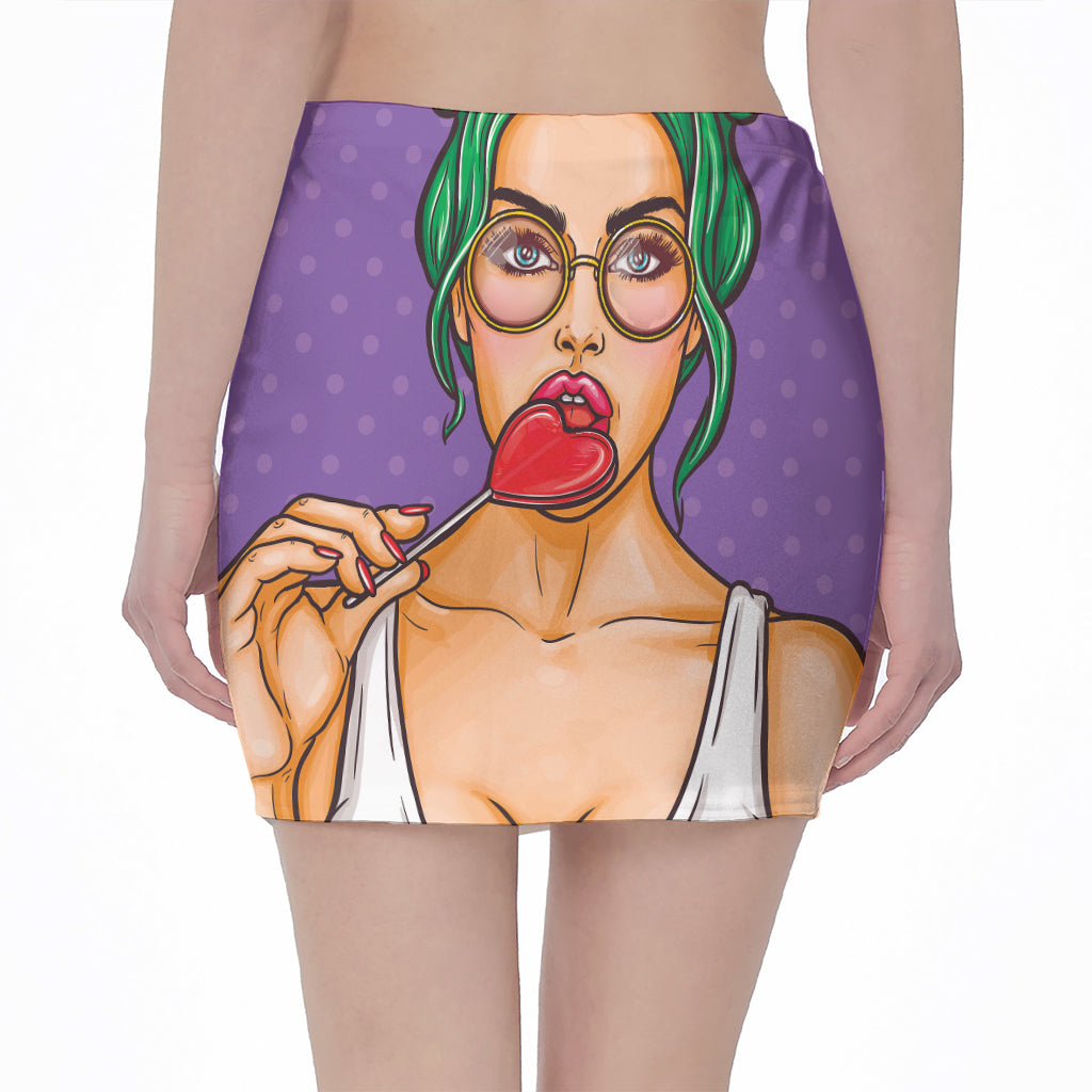 Punk Girl And Lollipop Print Pencil Mini Skirt