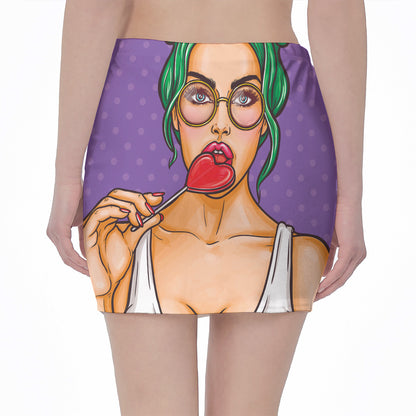 Punk Girl And Lollipop Print Pencil Mini Skirt