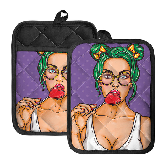 Punk Girl And Lollipop Print Pot Holders With Pocket