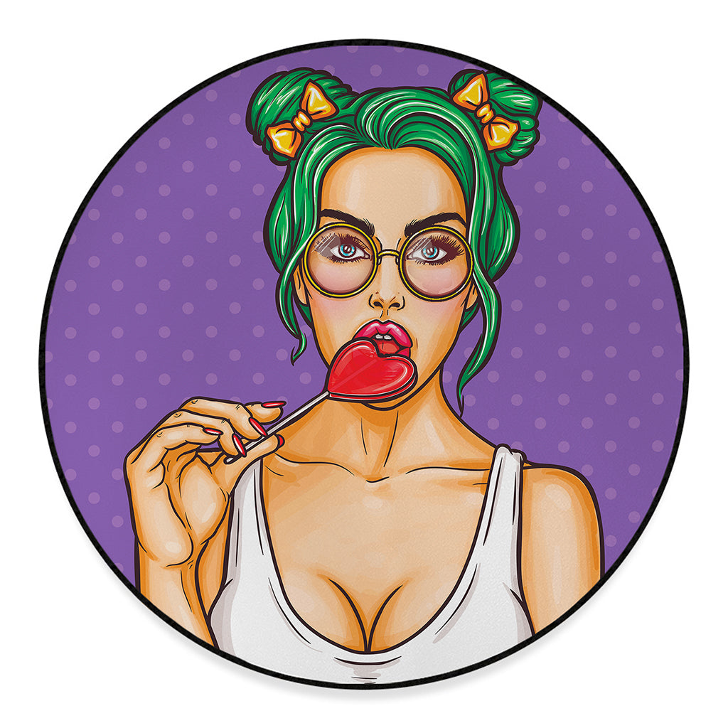 Punk Girl And Lollipop Print Round Floor Mat