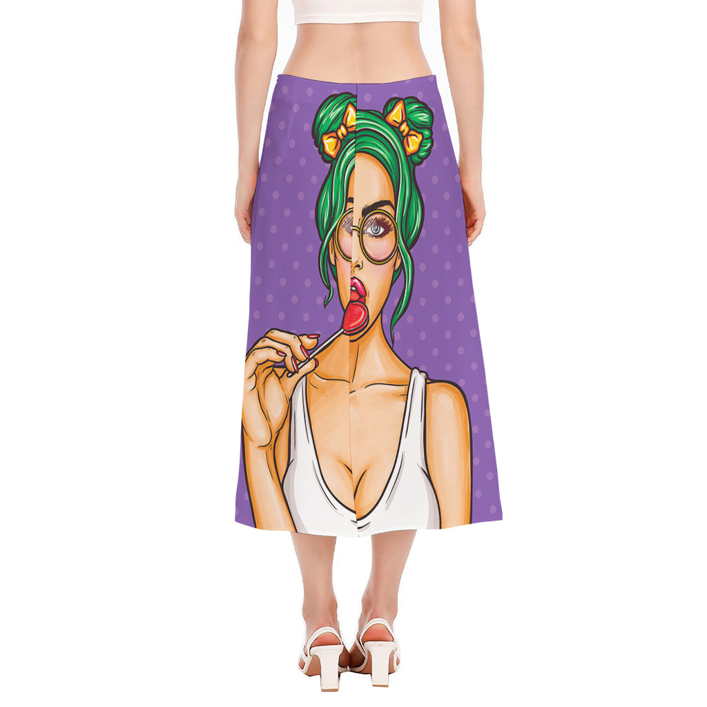 Punk Girl And Lollipop Print Side Slit Midi Skirt