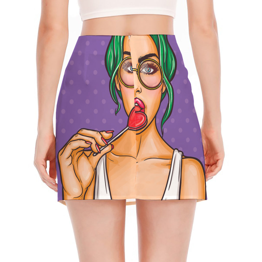 Punk Girl And Lollipop Print Side Slit Mini Skirt