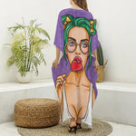 Punk Girl And Lollipop Print Silk V-Neck Kaftan Dress