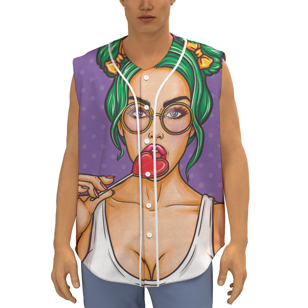 Punk Girl And Lollipop Print Sleeveless Baseball Jersey