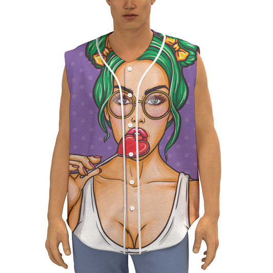 Punk Girl And Lollipop Print Sleeveless Baseball Jersey