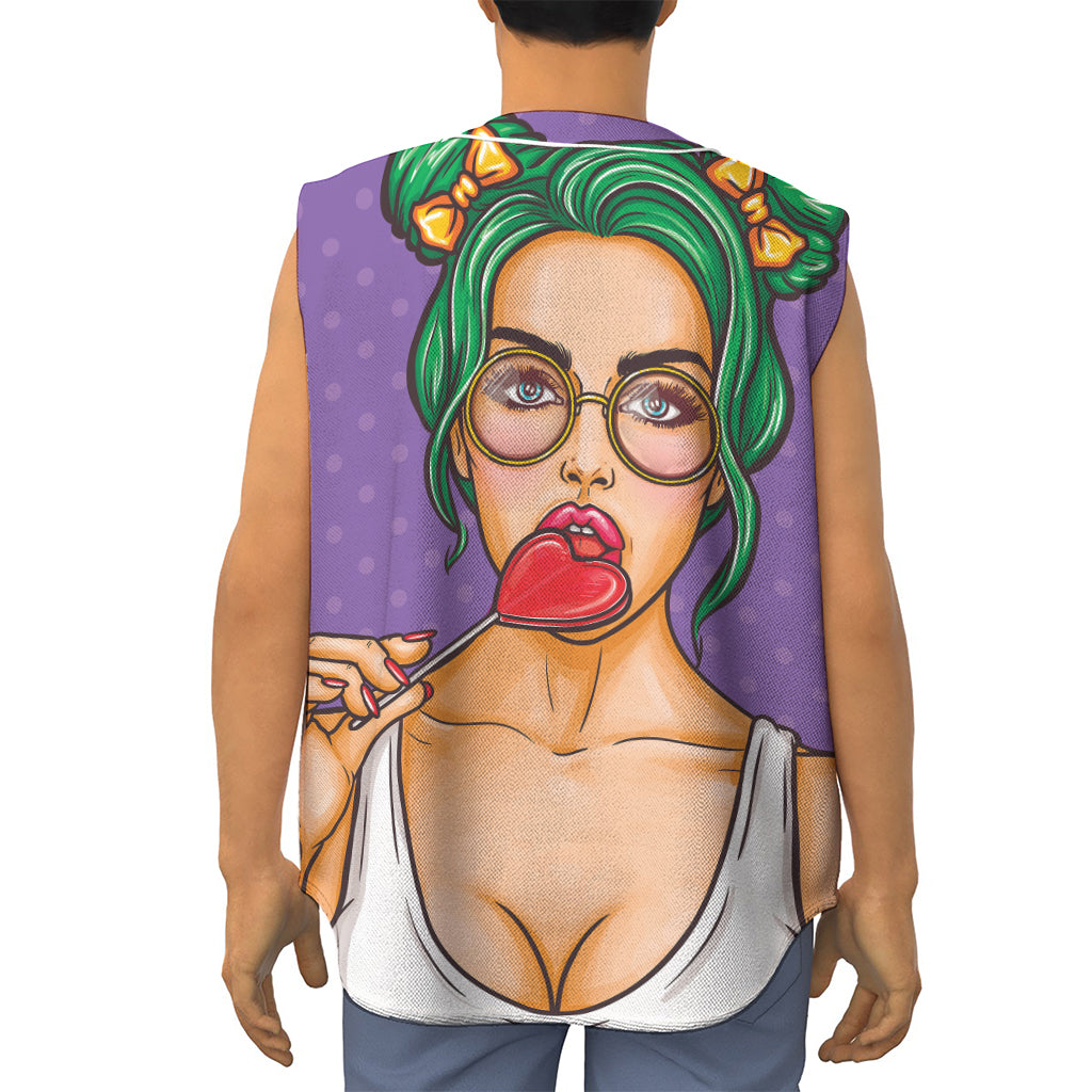 Punk Girl And Lollipop Print Sleeveless Baseball Jersey