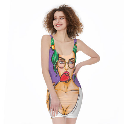 Punk Girl And Lollipop Print Sleeveless Bodycon Dress