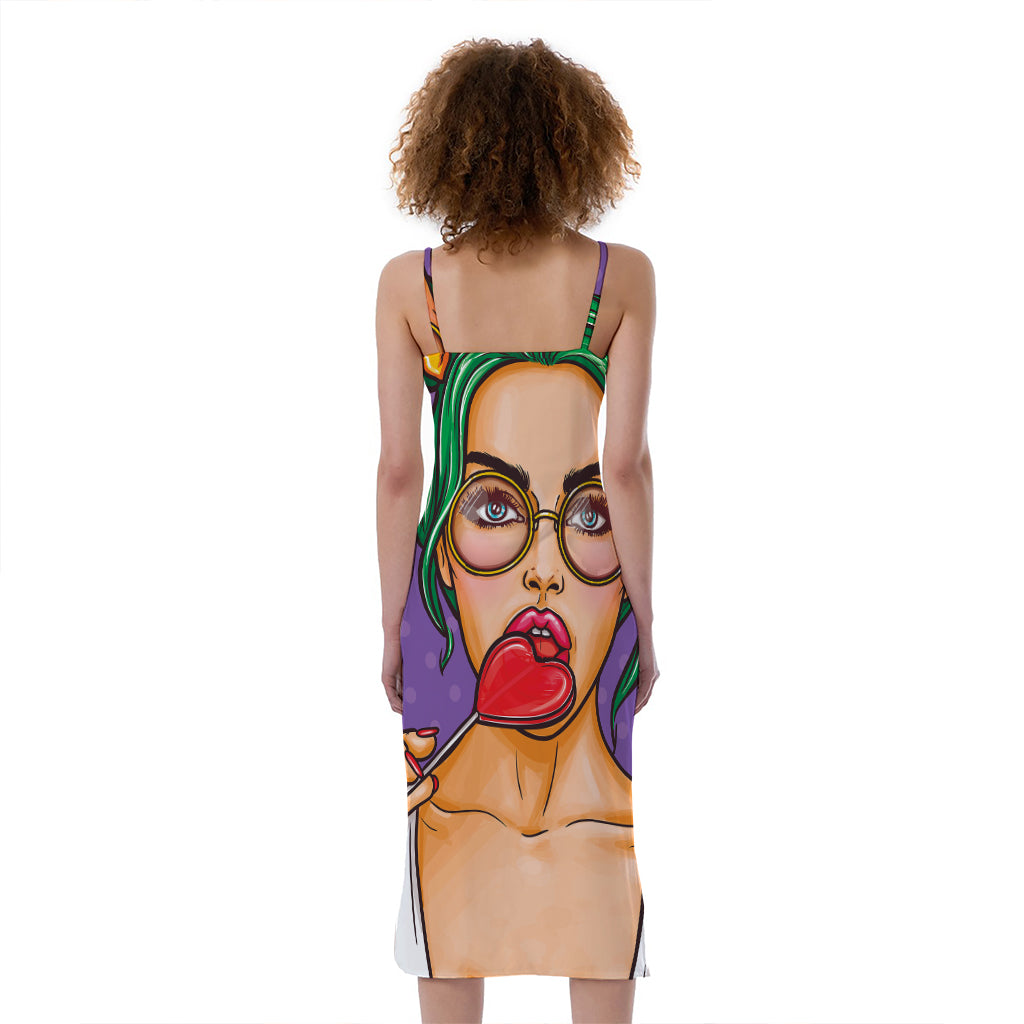 Punk Girl And Lollipop Print Slim Fit Midi Cami Dress