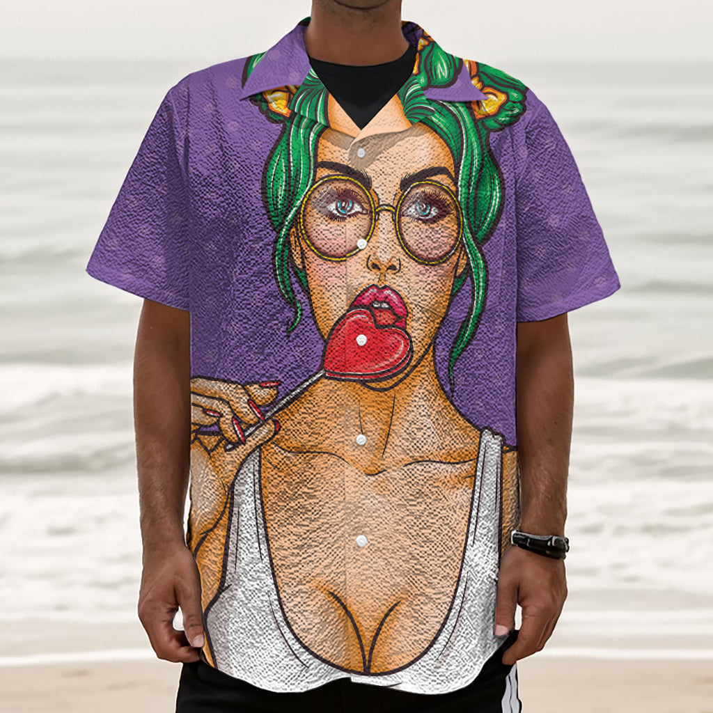 Punk Girl And Lollipop Print Textured Short Sleeve Shirt