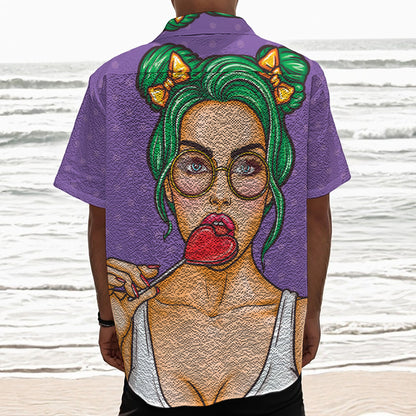 Punk Girl And Lollipop Print Textured Short Sleeve Shirt