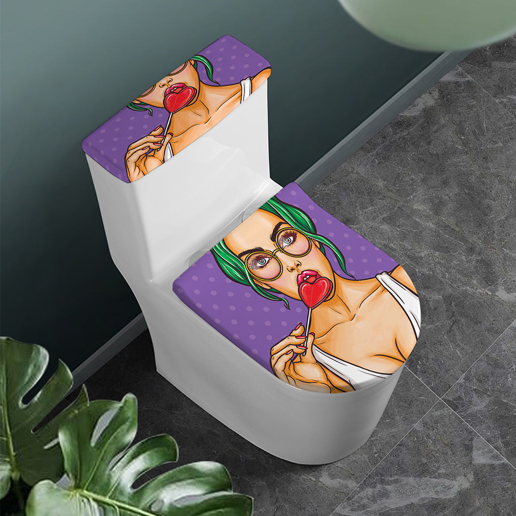 Punk Girl And Lollipop Print Toilet Lid And Tank Cover Set