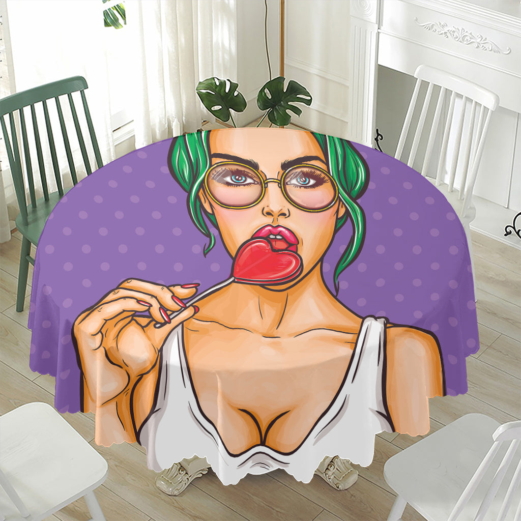 Punk Girl And Lollipop Print Waterproof Round Tablecloth