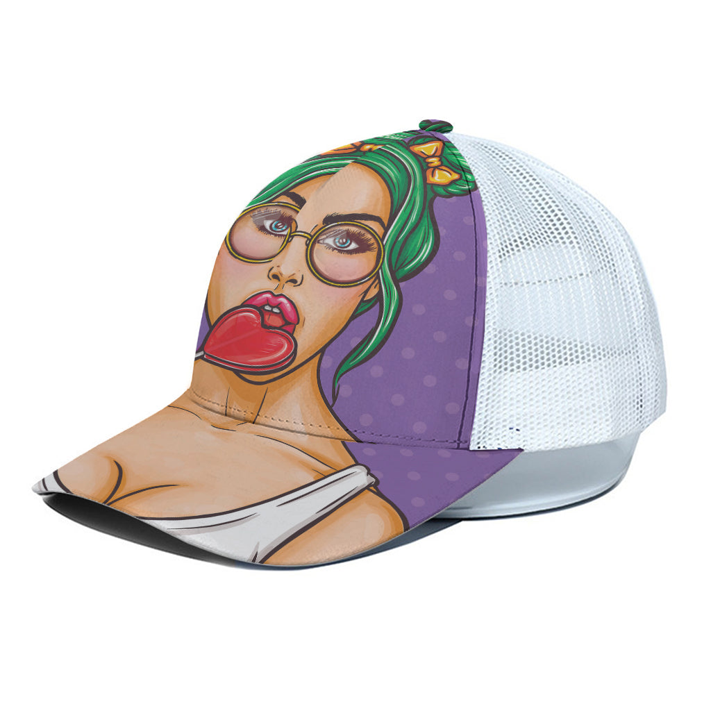 Punk Girl And Lollipop Print White Mesh Trucker Cap