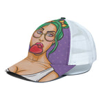 Punk Girl And Lollipop Print White Mesh Trucker Cap