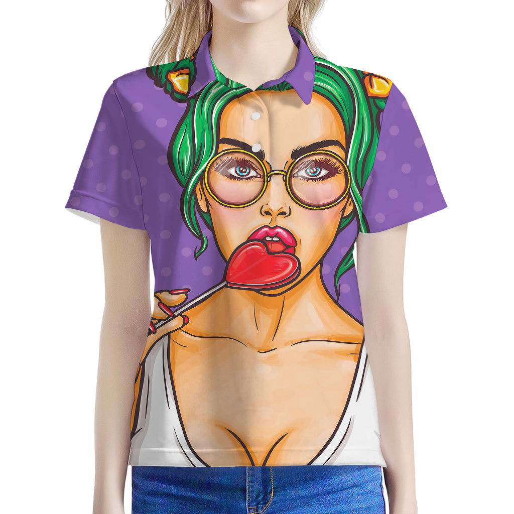 Punk Girl And Lollipop Print Women's Polo Shirt