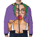 Punk Girl And Lollipop Print Zip Sleeve Bomber Jacket
