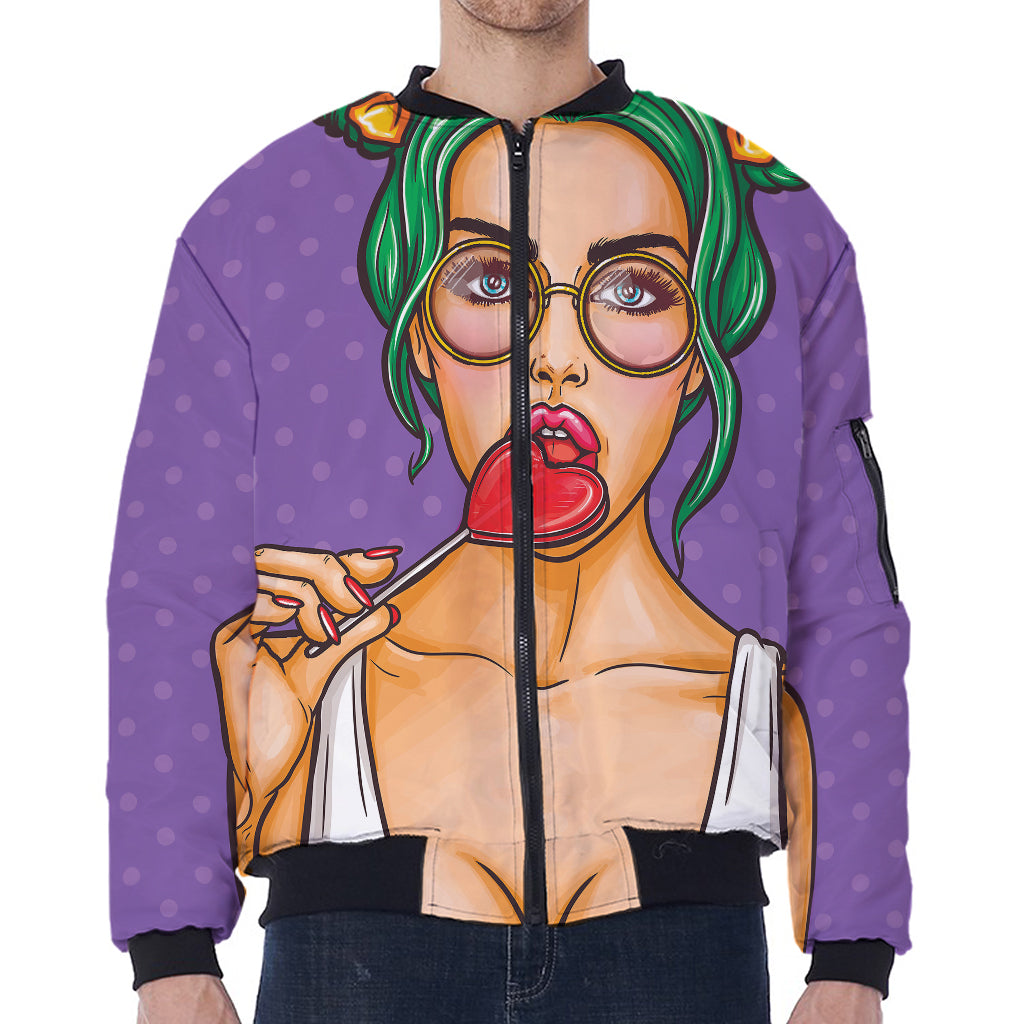 Punk Girl And Lollipop Print Zip Sleeve Bomber Jacket