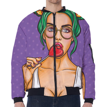 Punk Girl And Lollipop Print Zip Sleeve Bomber Jacket