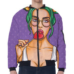 Punk Girl And Lollipop Print Zip Sleeve Bomber Jacket