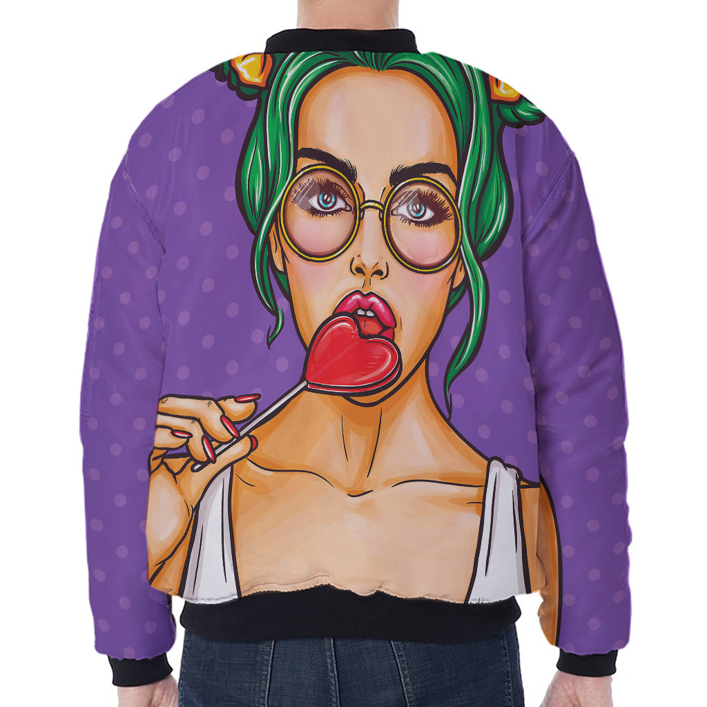 Punk Girl And Lollipop Print Zip Sleeve Bomber Jacket