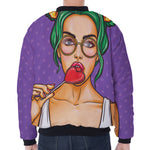 Punk Girl And Lollipop Print Zip Sleeve Bomber Jacket