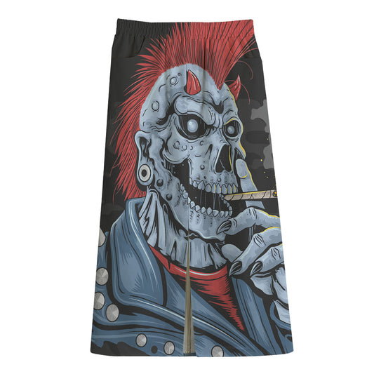 Punk Mohawk Devil Print Cotton Front Slit Maxi Skirt