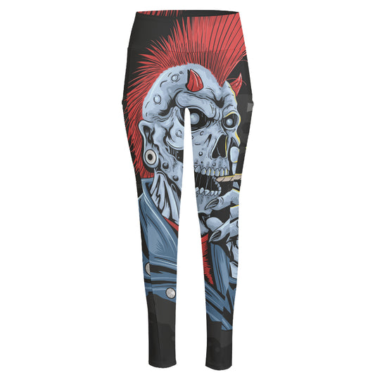 Punk Mohawk Devil Print High-Waisted Pocket Leggings