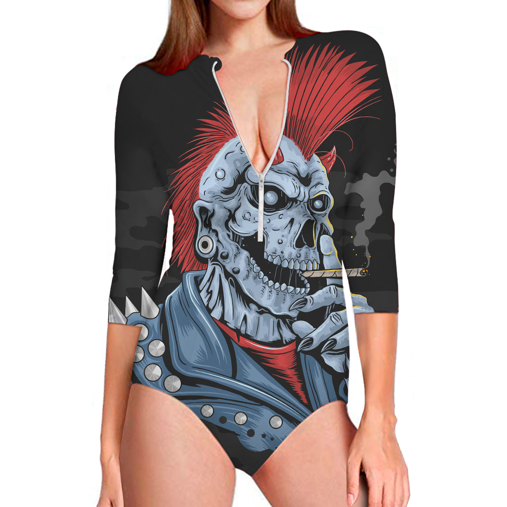 Punk Mohawk Devil Print Long Sleeve Swimsuit