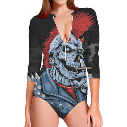 Punk Mohawk Devil Print Long Sleeve Swimsuit