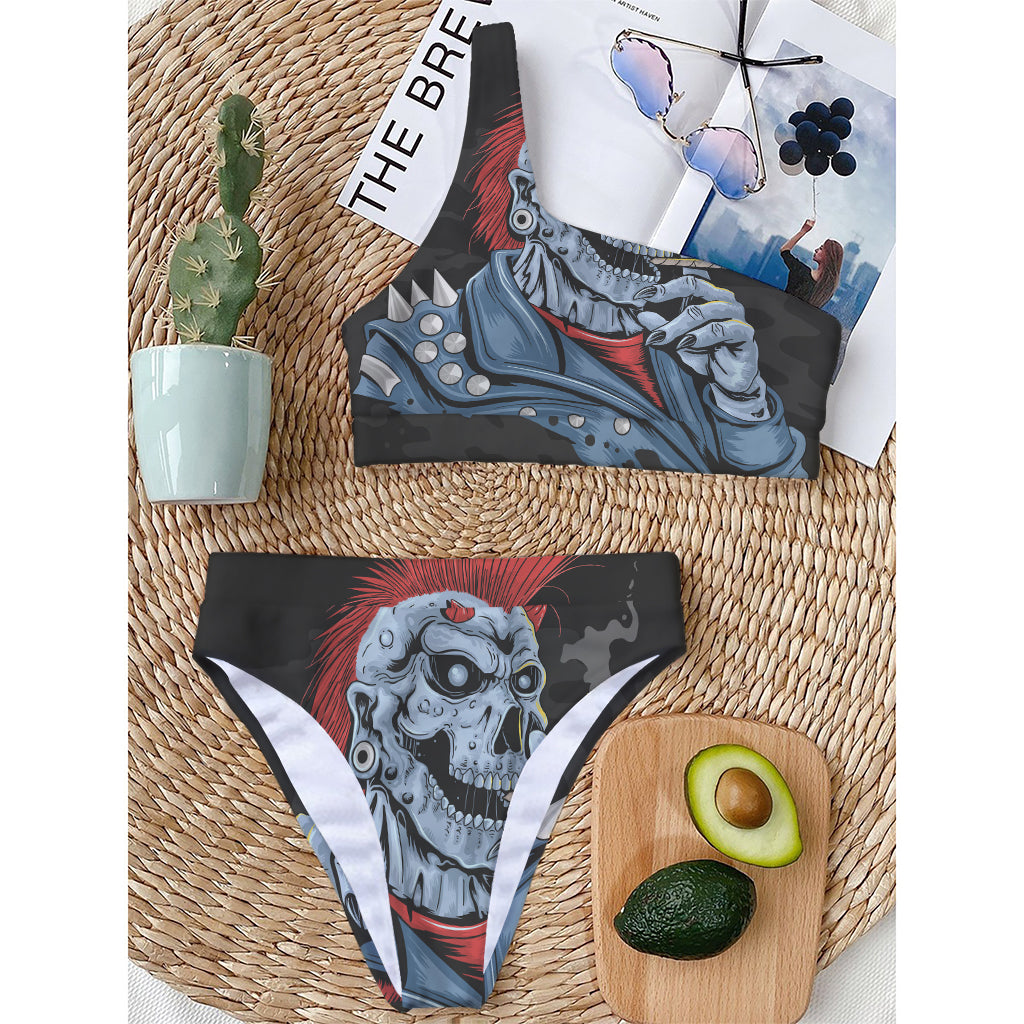 Punk Mohawk Devil Print One Shoulder Bikini Top