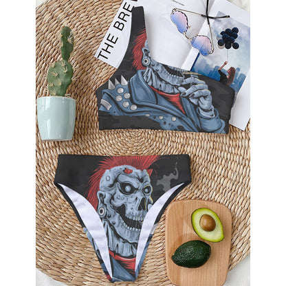 Punk Mohawk Devil Print One Shoulder Bikini Top