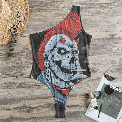 Punk Mohawk Devil Print One Shoulder Bodysuit