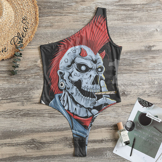 Punk Mohawk Devil Print One Shoulder Bodysuit