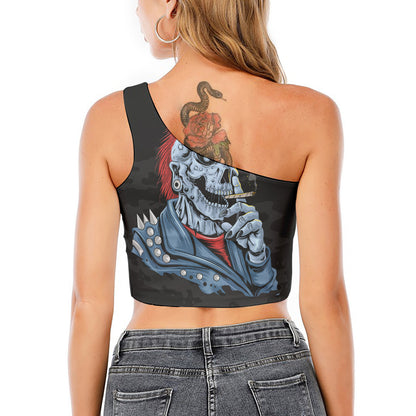 Punk Mohawk Devil Print One Shoulder Crop Top