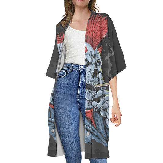 Punk Mohawk Devil Print Open Front Beach Cover Up