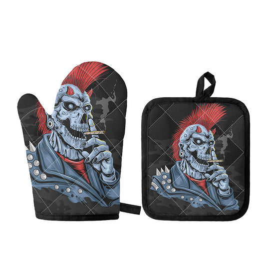 Punk Mohawk Devil Print Oven Mitt And Pot Holder Set