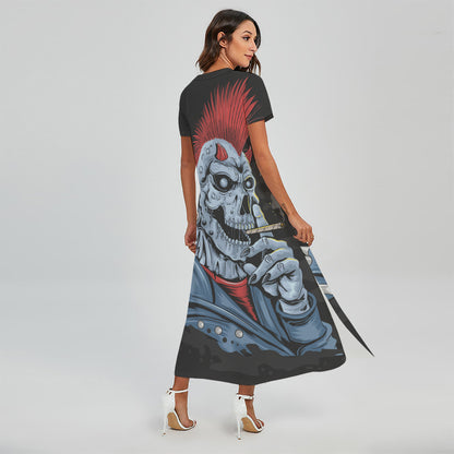Punk Mohawk Devil Print Short Sleeve Maxi Dress