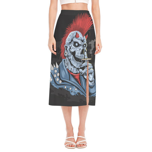 Punk Mohawk Devil Print Side Slit Midi Skirt