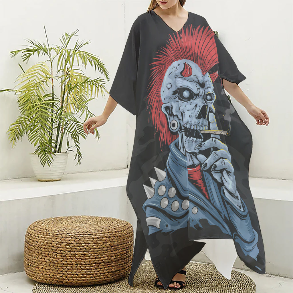 Punk Mohawk Devil Print Silk V-Neck Kaftan Dress