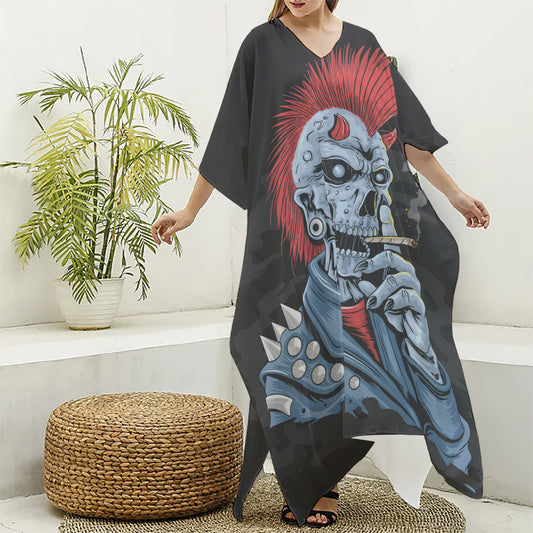 Punk Mohawk Devil Print Silk V-Neck Kaftan Dress